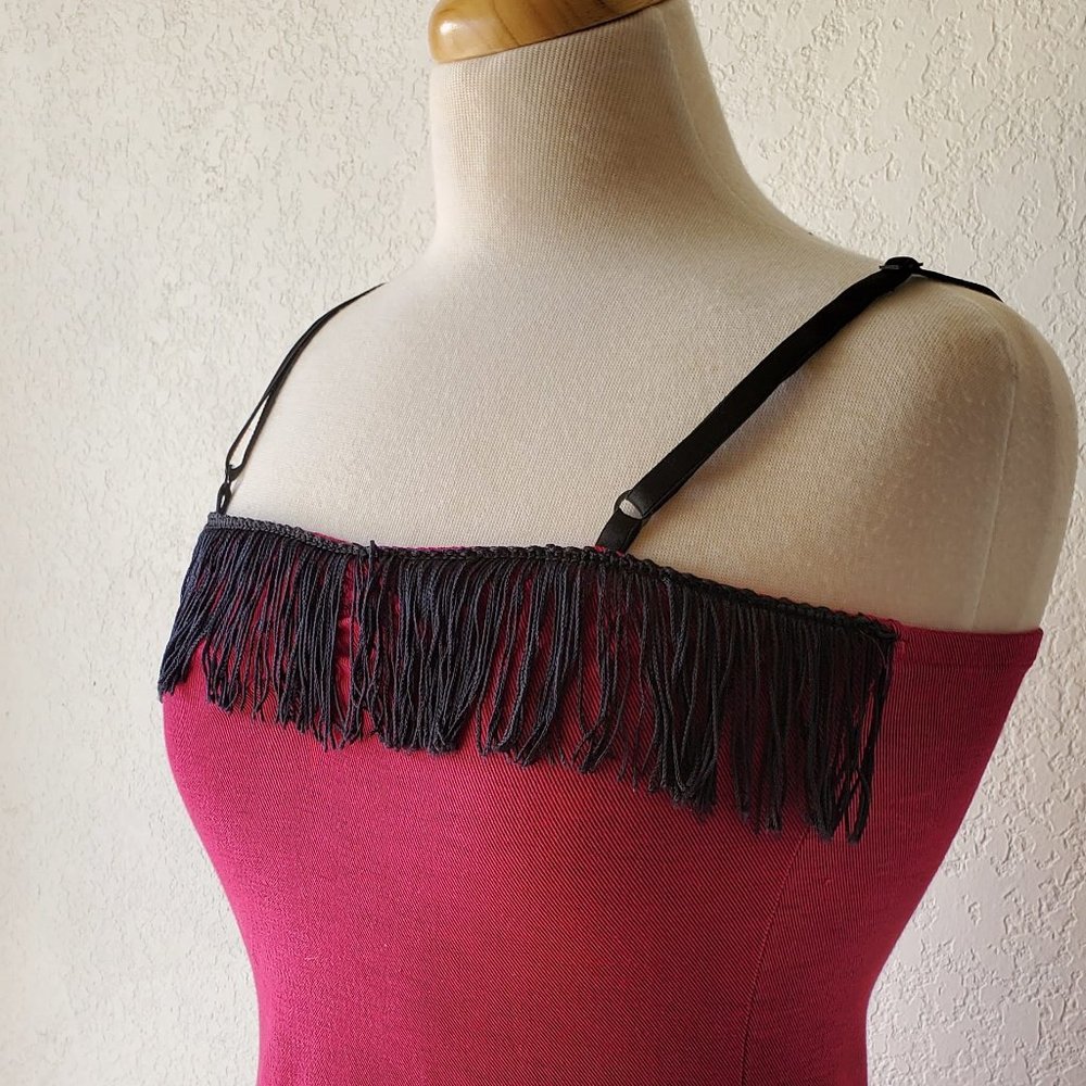 Vintage SEEDS 90s 2 Piece Western Cowgirl Dolly Pink Black Fringe Dress Set M - Picture 9 of 10